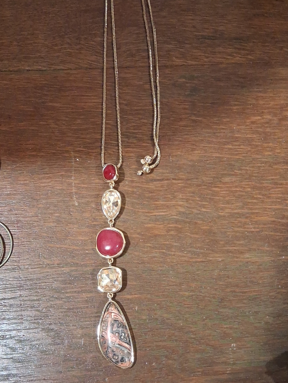 Gold-Tone Pendant Necklace with Red and Clear Stones